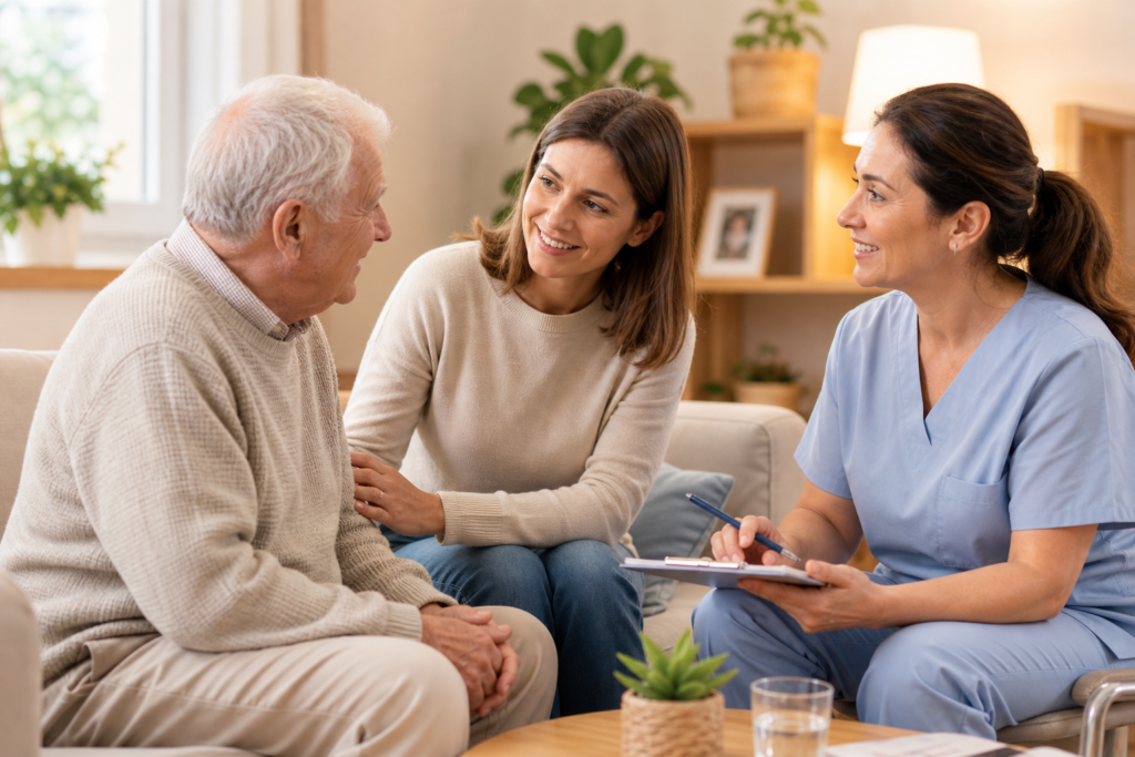 Adulto mayor acompañado en una residencia para adultos mayores.