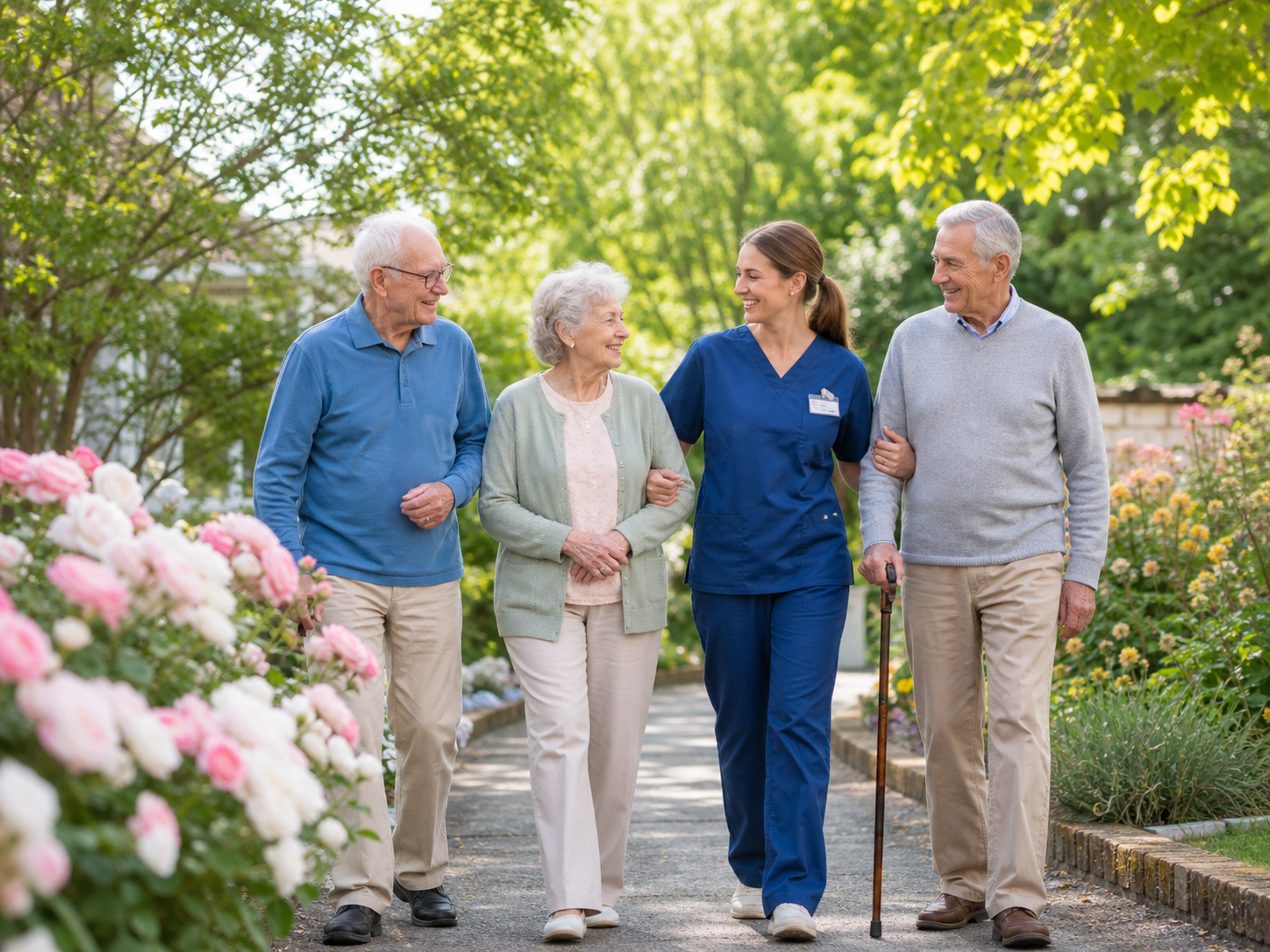Adultos mayores en residencia geriátrica con parque en Parque Leloir.