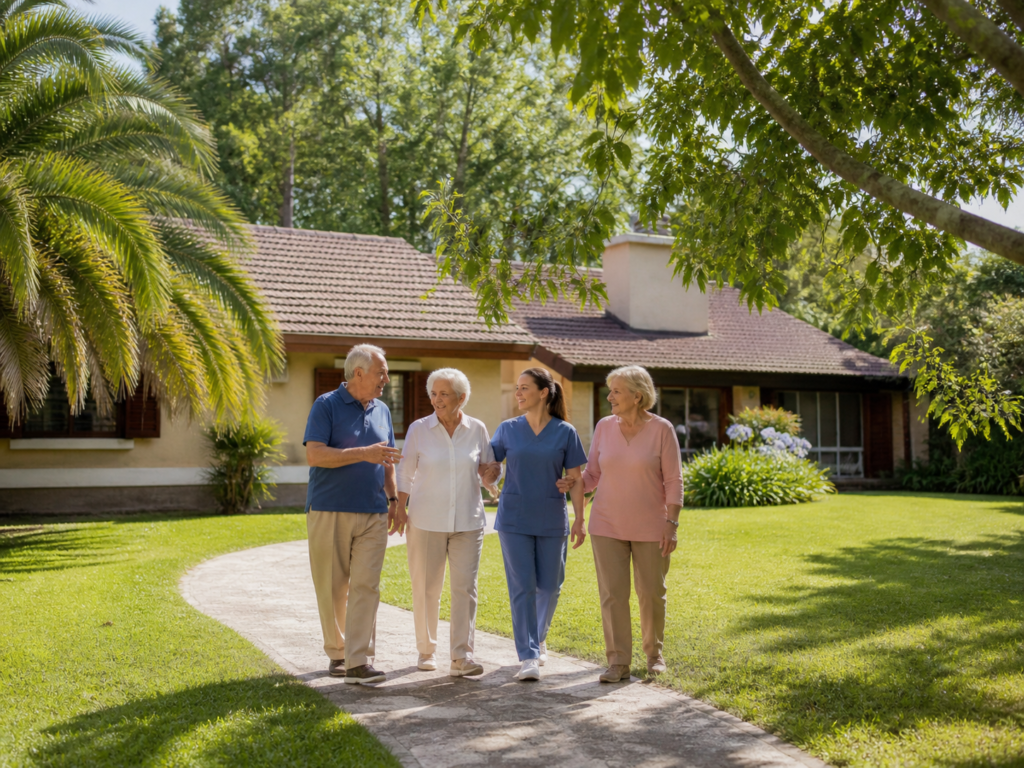 Adultos mayores en residencia geriátrica con parque en Parque Leloir.